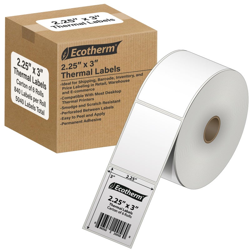 Ecotherm 2.25" x 3" Thermal Labels | 6 Rolls | 5040 Labels | fits Zebra, Munbyn, Rollo, Godex, Arkscan, iDPRT, Offnova Thermal Label Printers and More | Blank White Adhesive Stickers by Ecotherm - Image 1